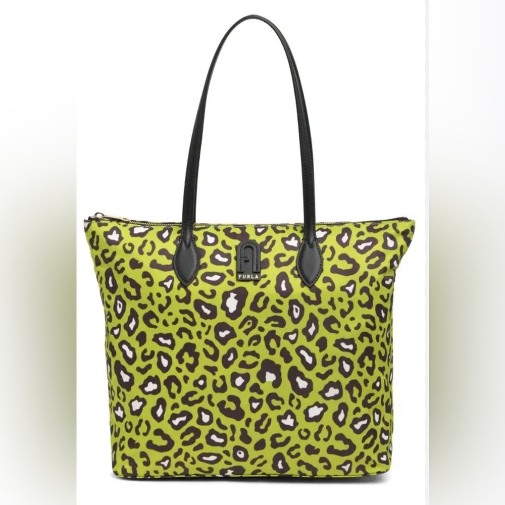 Furla Lime Green Leopard Print Tote with Black Handles
